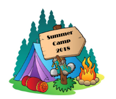 Sign that says summer camp 2018 in front of tent, fire and woods